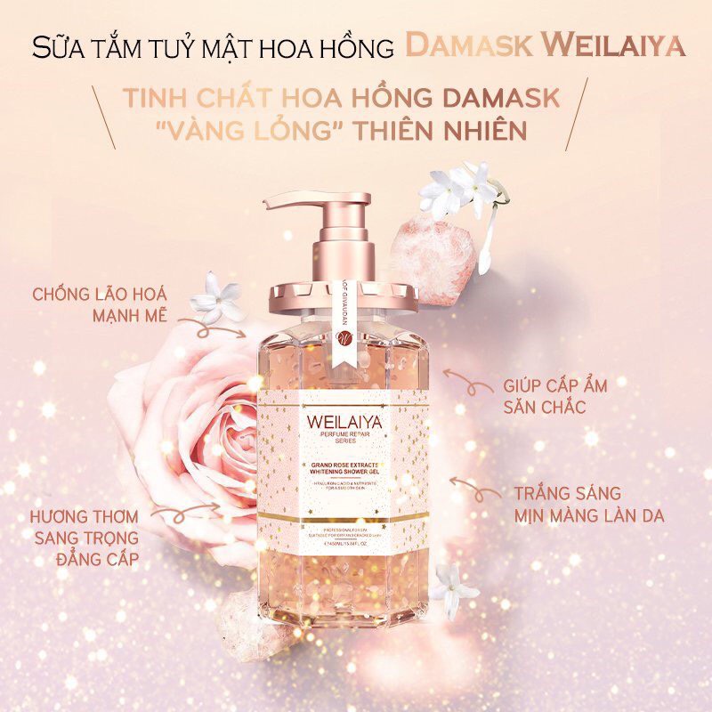 Sữa Tắm Tủy Mật Hoa Hồng Damask Weilaiya, Dưỡng Ẩm, Dưỡng Trắng, Lưu Hương Nước Hoa Hồng Tươi - 450ml [ CHÍNH - HÃNG ]