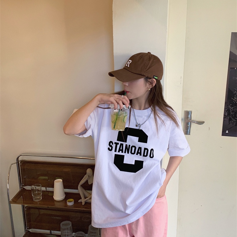 SUXI Áo Thun Tay Ngắn Dáng Rộng In Chữ Đơn Giản Thời Trang Hàn Quốc Cho Nữ