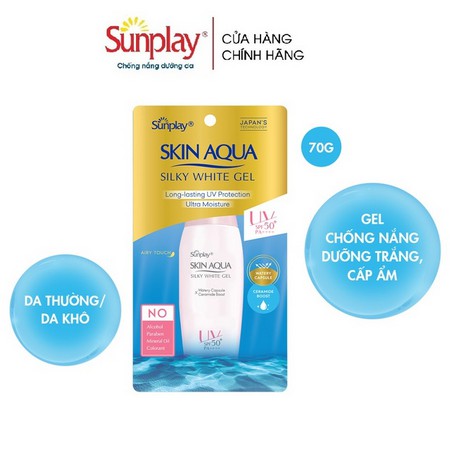 Gel chống nắng dưỡng da trắng mượt cho da khô Sunplay Skin Aqua Silky White Gel SPF 50+ PA++++ 70g