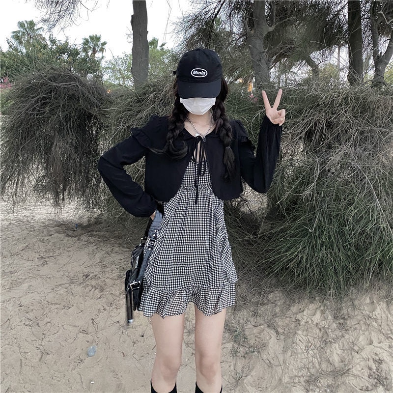 Set Áo Khoác Cardigan Dài Tay Và Đầm Hai Dây Họa Tiết Ca Rô Thời Trang Dành Cho Nữ