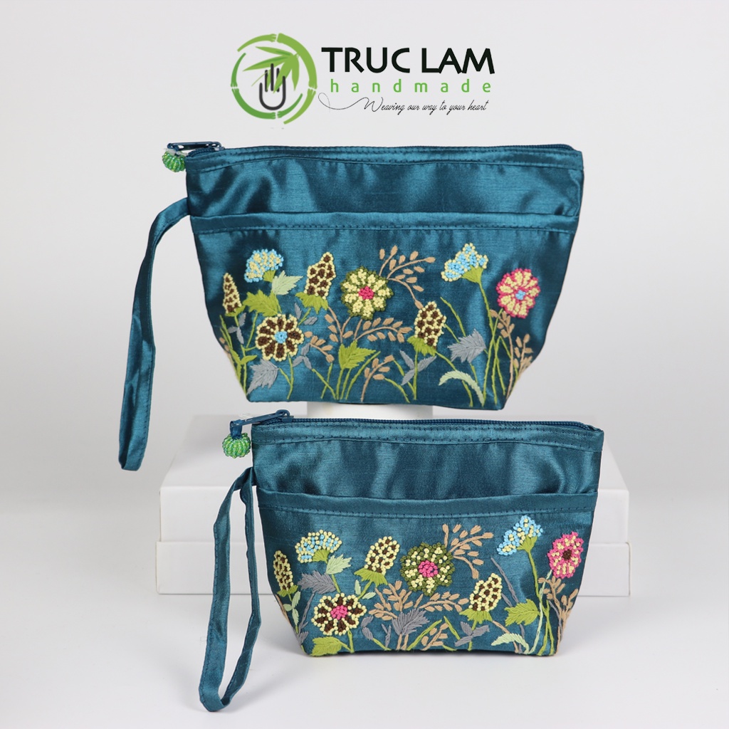 Ví Cầm Tay Nữ Vải Tafta Họa Tiết Hoa Cỏ Thêu Tay Set 2 Chiếc Thêu 2 Mặt - Trúc Lâm Handmade