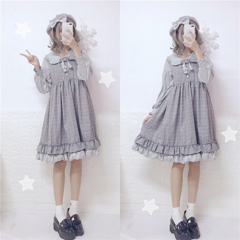 Đầm baby doll lolita tay dài cổ áo búp bê váy xòe ulzzang (2 màu )