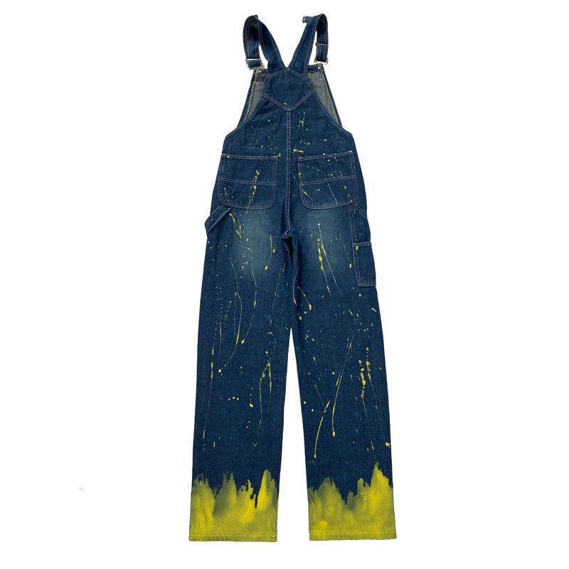 High street European and American style vibe style splash-ink denim suspender pants Women's American style retro large size plump girls loose straight wide leg pants 3HOV