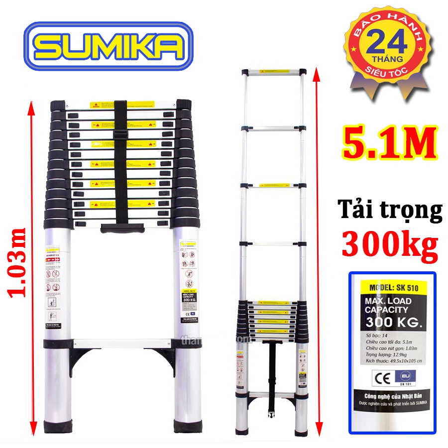 Thang nhôm rút xếp đơn 5,1m Sumika Nhật Bản SK510 tải trọng 300kg bảo hành 2 năm, thang thợ điện