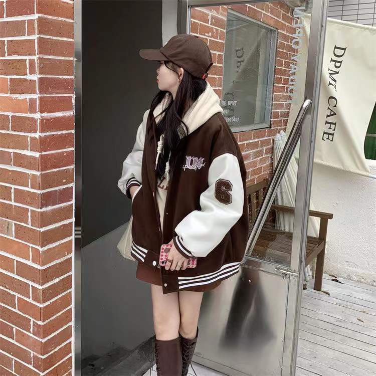 Áo Khoác Đồng Phục Bóng Chày Màu Nâu Phong Cách Retro Đường Phố Mỹ
