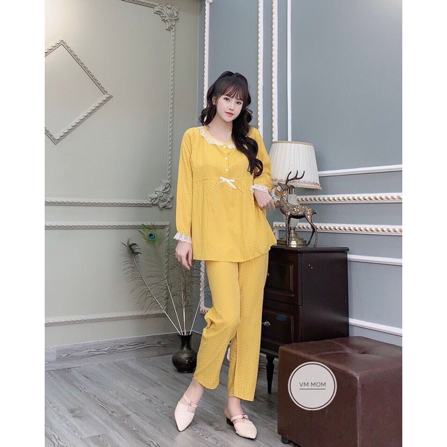 Đồ bộ bà bầu thu đông dài tay kéo khoá con ti chất đũi mặc nhà trẻ trung thiết kế cao cấp BĐ0987
