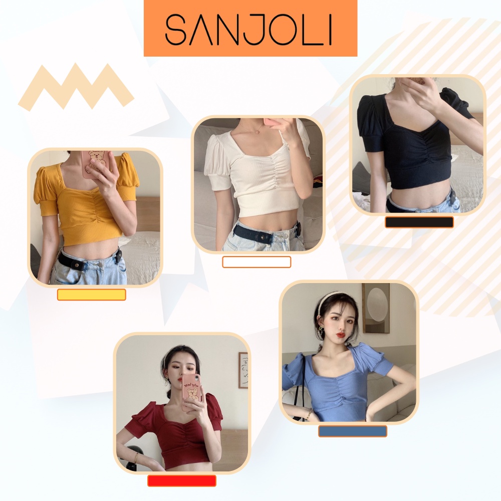 Áo Croptop Kiểu SANJOLI Áo Croptop Nữ Cổ V Cúp Ngực Chất Len Tăm Tay Ngắn Kiểu Ulzzang Màu Đỏ AO012