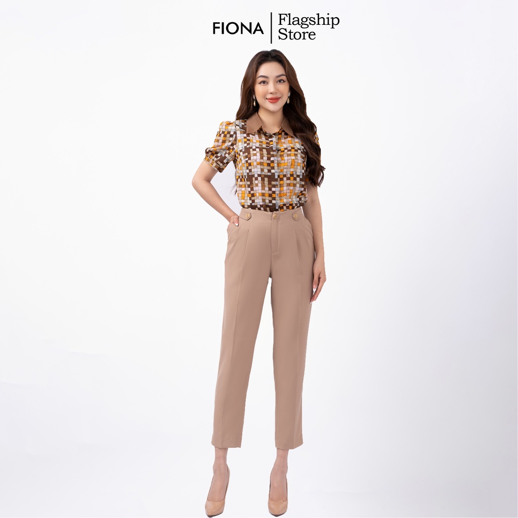 Áo sơ mi nữ dáng suông FIONA sơ mi công sở họa tiết ô chữ tay ngắn nhún bồng phối cổ organza F552175