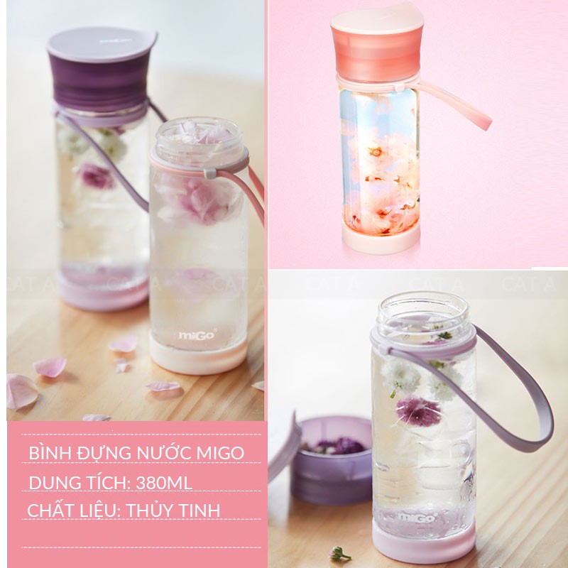 Bình đựng nước bằng Nhựa BPA FREE MIGO Cao cấp  - An toàn, trong suốt, có rây lọc, quai [380ML - 2054]