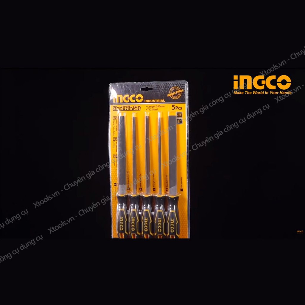 Bộ 5 giũa kim loại cầm tay cao cấp INGCO HKTFS0508 thép T12 siêu cứng chống rỉ giũa dẹp tròn vuông bán nguyệt tam giác
