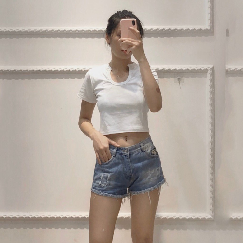 ÁO CROPTOP CỔ GIỌT LỆ ĐEN TRẮNG TÍM - ÁO THUN CROP KHOÉT NGỰC TAY NGẮN -