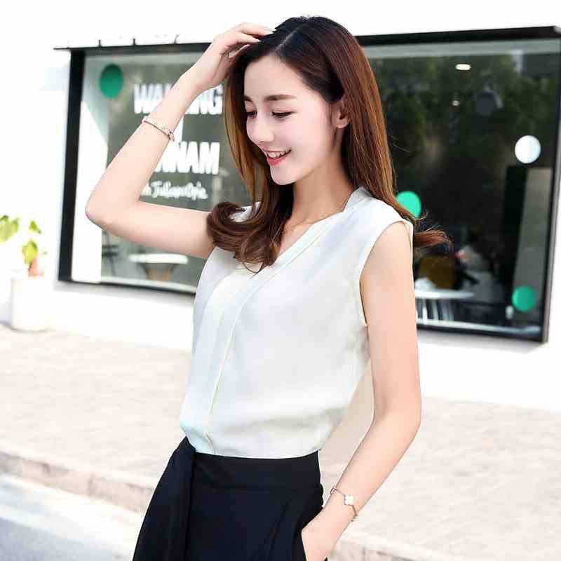 Áo chiffon cộc tay cổ V màu trơn thời trang cho nữ