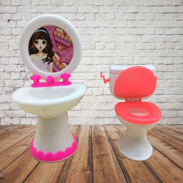 Set bồn rửa mặt + toilet bằng nhựa trang trí nhà búp bê màu sắc gửi ngẫu nhiên