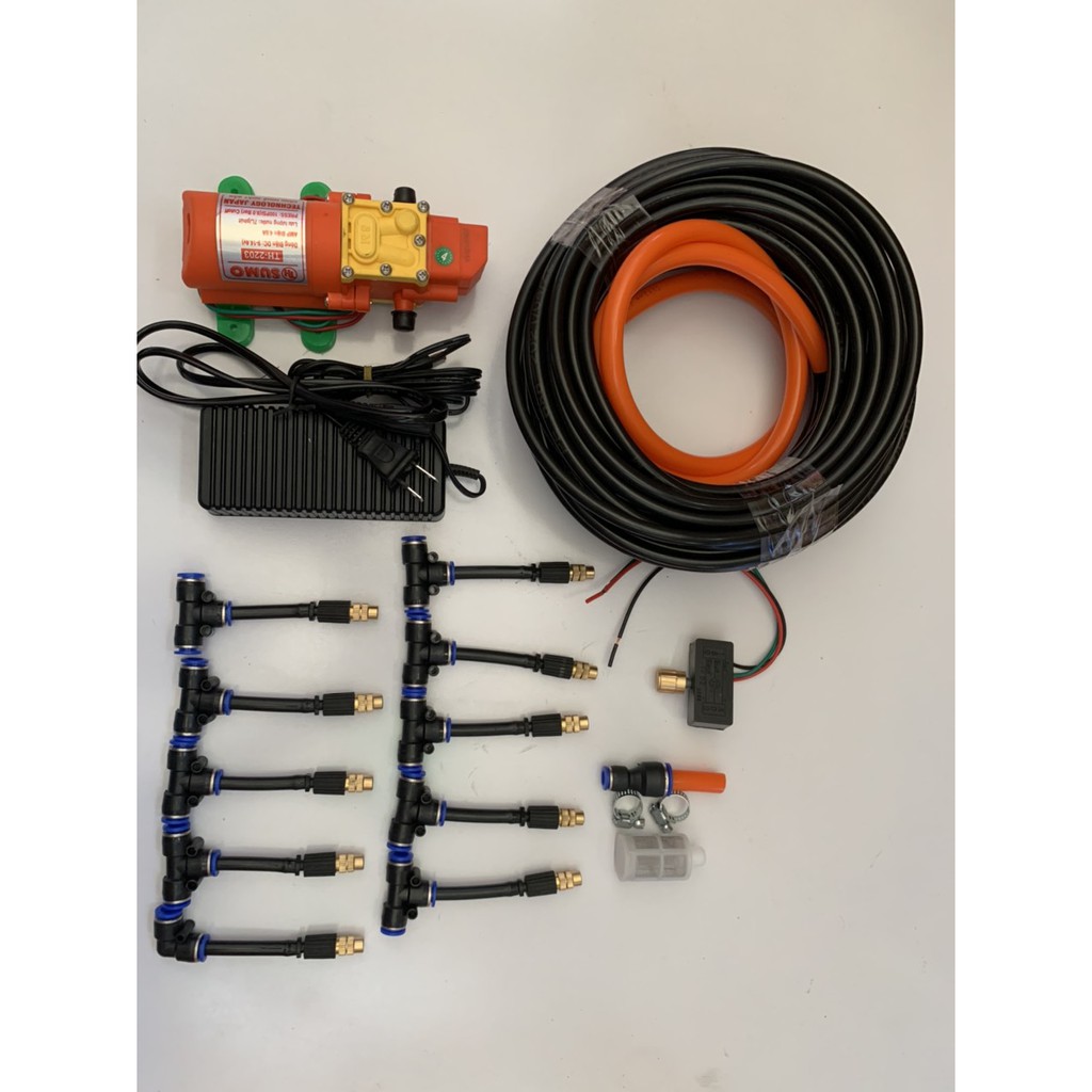 Bộ phun sương. bộ phun sương, tới lan. Bơm Sumo cam kèm ng,uồn 12v_5a. 15m dây phun. 10 béc đồng nhựa và chiếc áp