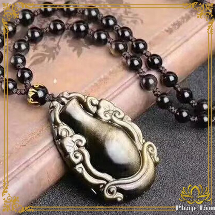 Mặt Dây Chuyền Bình Cam Lộ Bồ Tát Quan Âm Đá Obisian Màu Vàng Đen Cao Cấp - Tâm Phong Thủy