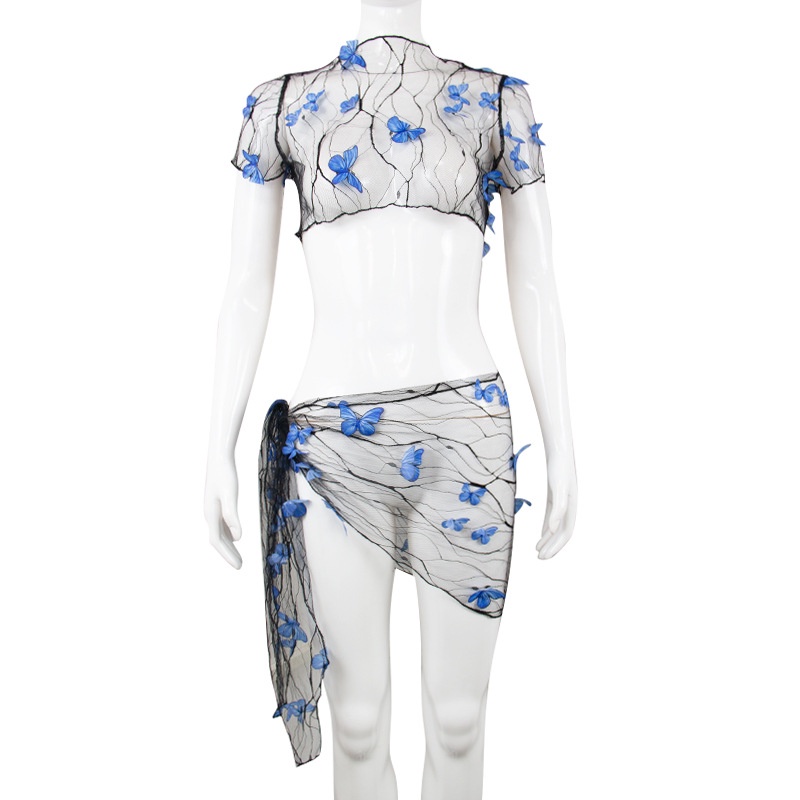 Bộ Đồ Bơi Áo Tay Ngắn Chống Nắng Phối Chân Váy Cột Dây Xuyên Thấu Họa Tiết Bướm Thời Trang Mù