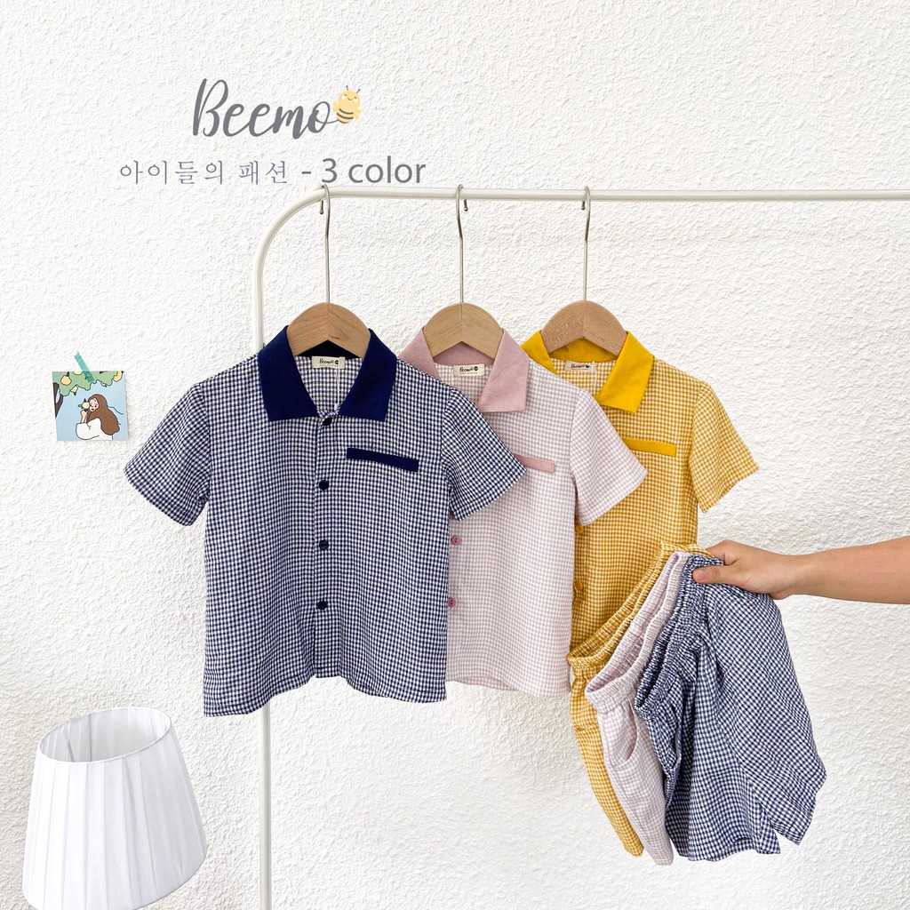 Quần áo trẻ em Beemo- Chất liệu linen mềm mịn, họa tiết kẻ Hàn, form xuông kết hợp cổ bẻ B056