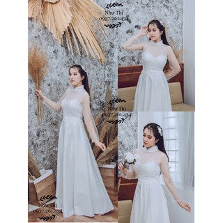 Váy cưới phi phối ren trắng tay dài cổ lọ váy xoè