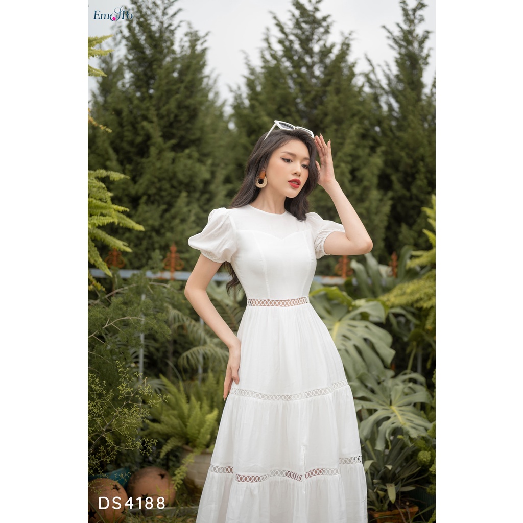 Đầm xòe đuôi cá, cổ tròn, phối ren, tay bo chun Emspo DS4188 (trắng, xanh bơ)