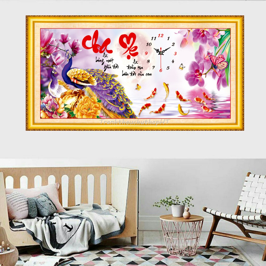 Tranh thêu chữ thập đồng hồ cha mẹ KT:91x43cm, Tranh chưa thêu và chưa khung, tặng kéo và sỏ chỉ
