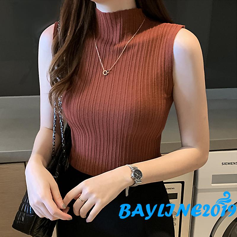 Áo dệt kim sát nách cổ cao màu sắc đơn giản thời trang mùa hè cho nữ