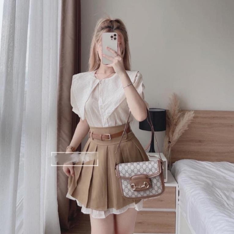 Set Áo Sơ mi Cổ Nhọn Mix Chân Váy Xếp Ly Nâu Kèm Đai
