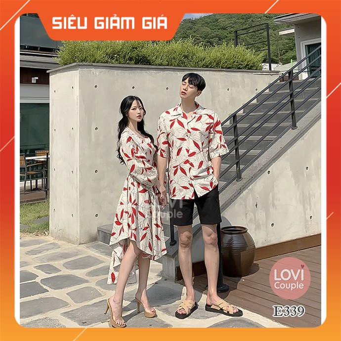 Đồ Đôi - Áo váy sơ mi maxi trắng họa tiết đi biển mùa hè E339