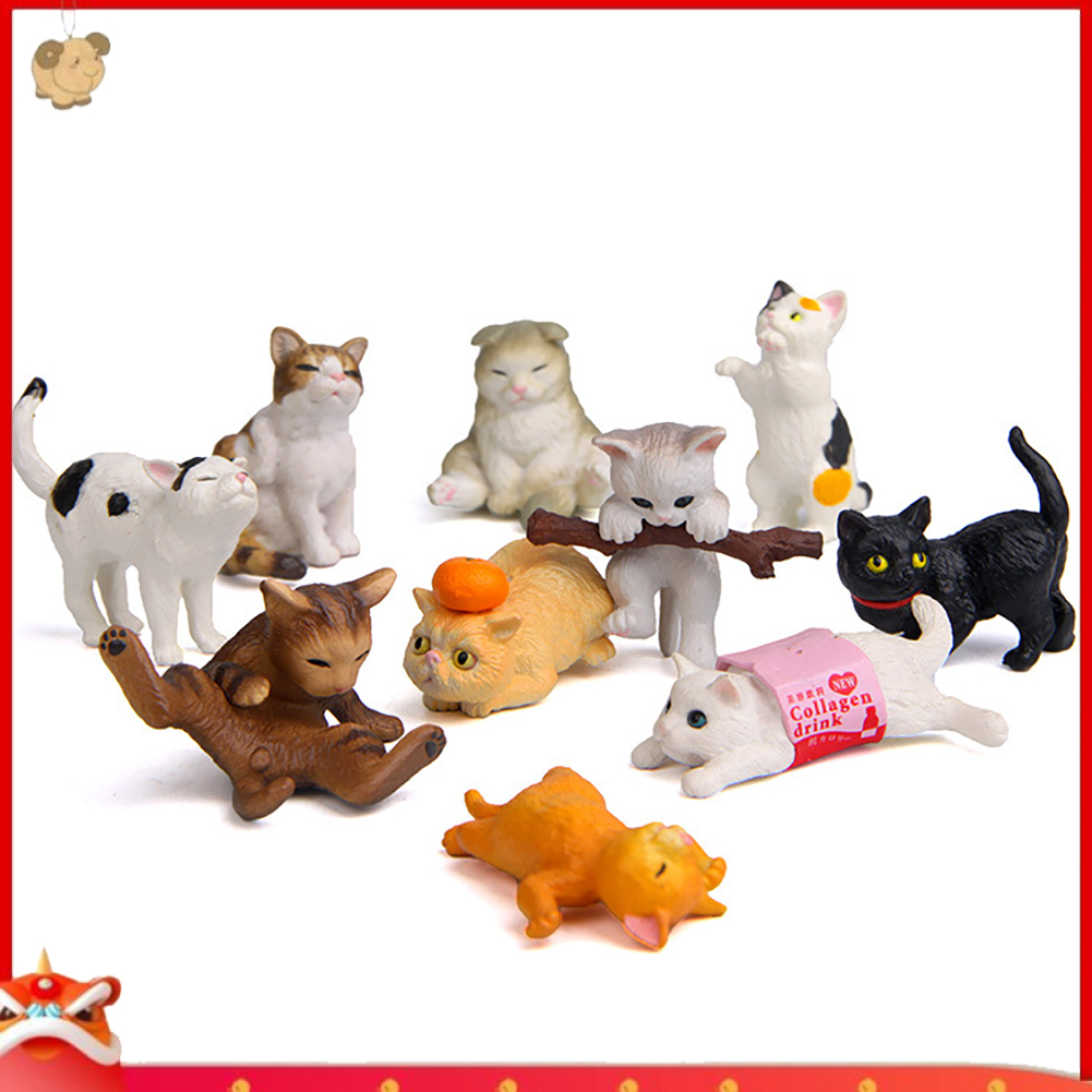 Set 10 Tượng Mèo Mini Bằng Nhựa Pvc Dùng Trang Trí Tiểu Cảnh