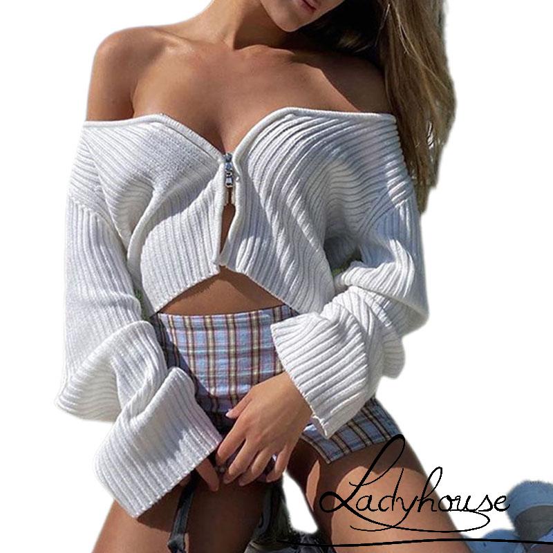 Áo Dệt Kim Tay Dài Khóa Kéo Màu Sắc Đơn Giản Cho Nữ