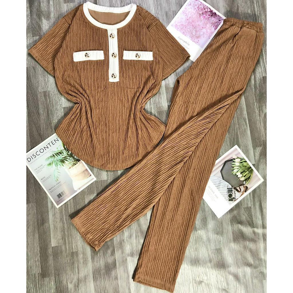 Sét đồ bộ nữ chất liệu xốp nhật cao cấp sét nữ áo tay ngắn phối quần dài Sét bộ đồ phối viền đính nút sang chảnh