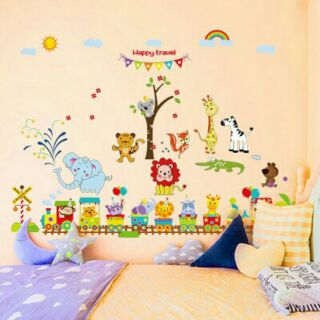Decal dán tường bộ ghép vườn thú và đoàn tàu thú happy