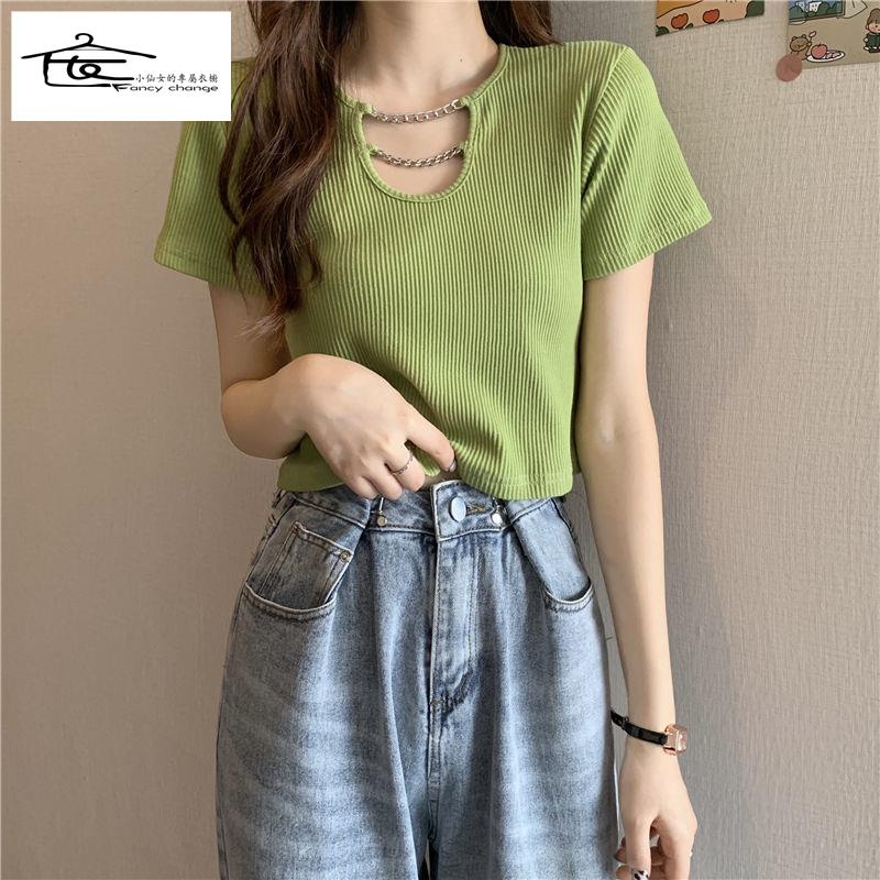 Đặc Biệt Offer ~ Áo Thun Ngắn Tay Phối Dây Xích Dáng Ôm Thời Trang Mùa Hè Dễ Phối Đồ