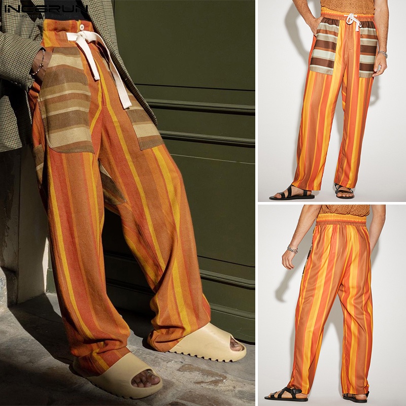 Quần dài INCERUN lưng thun rút dây họa tiết kẻ sọc nhiều màu phong cách cổ điển cho nam