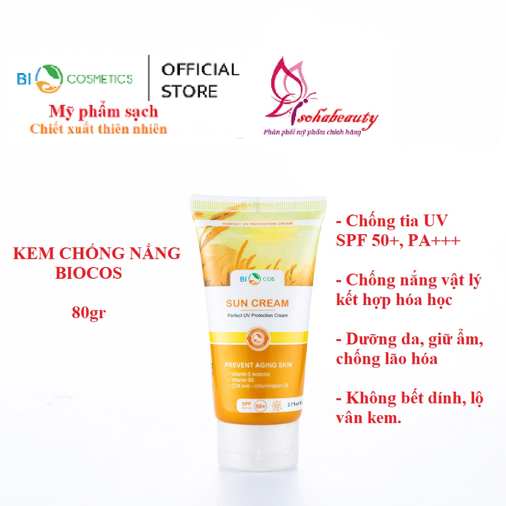 Kem Chống Nắng BIOCOS Sun Cream 80g SPF50+ Bảo Vệ Khỏi Tia UV PA+++ Dưỡng Ẩm, Nâng Tông da mặt tự nhiên.