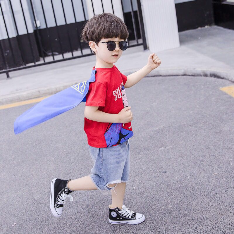 Batman Kid's Superhero Costume Shirt Kids Puzle Toy 3-8y Superhero Baju+cape Superman Batman Top+mantle Baby Children's Cotton Fashion Short Sleeve Tee Shirt Blouse Boys Clothes