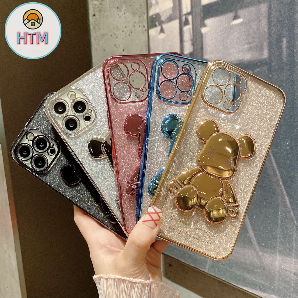 Ốp Điện Thoại TPU Góc Vuông Mạ Điện Hình Gấu Cho iPhone 13 12 11 Pro Max Promax XS Max XR X