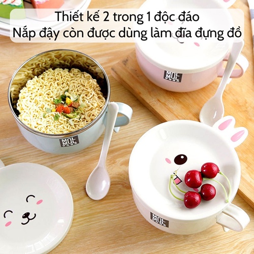 [SIÊU CUTE] Bát ăn mì  Tô mì lõi inox 2 lớp có nắp kèm thìa chống nóng cách nhiệt cao cấp nắp hình thú tiện lợi giá rẻ