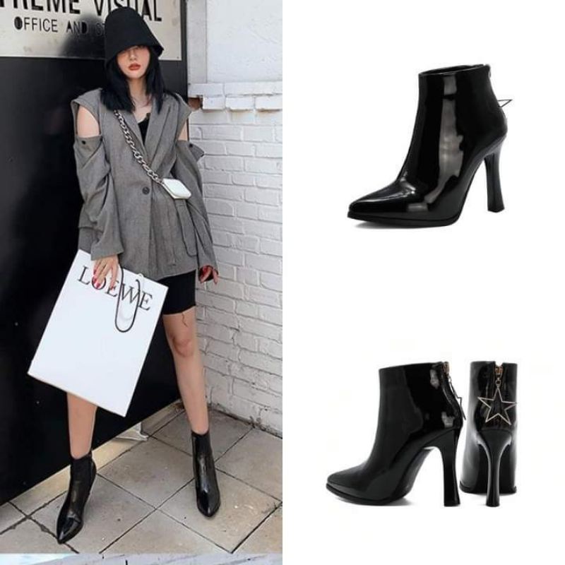 Giày boot cổ ngắn da bóng khóa ngôi sao màu đen GBDB-19B