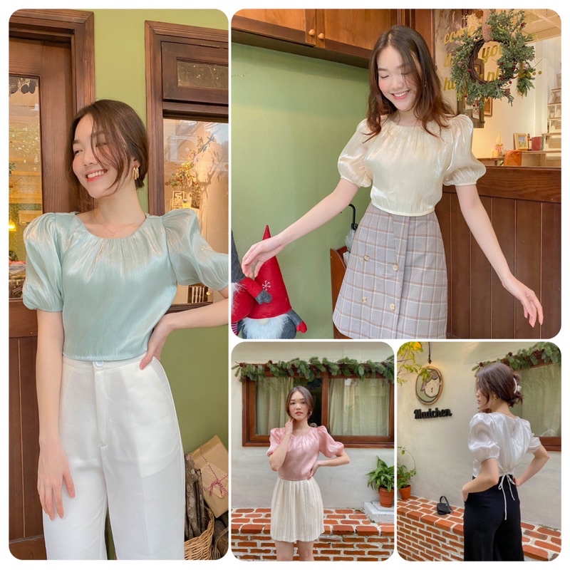 Áo croptop nữ tay ngắn phồng Hàn Quốc LUCETFASHION lụa organza cao cấp trắng xanh kem hồng Fancy Top