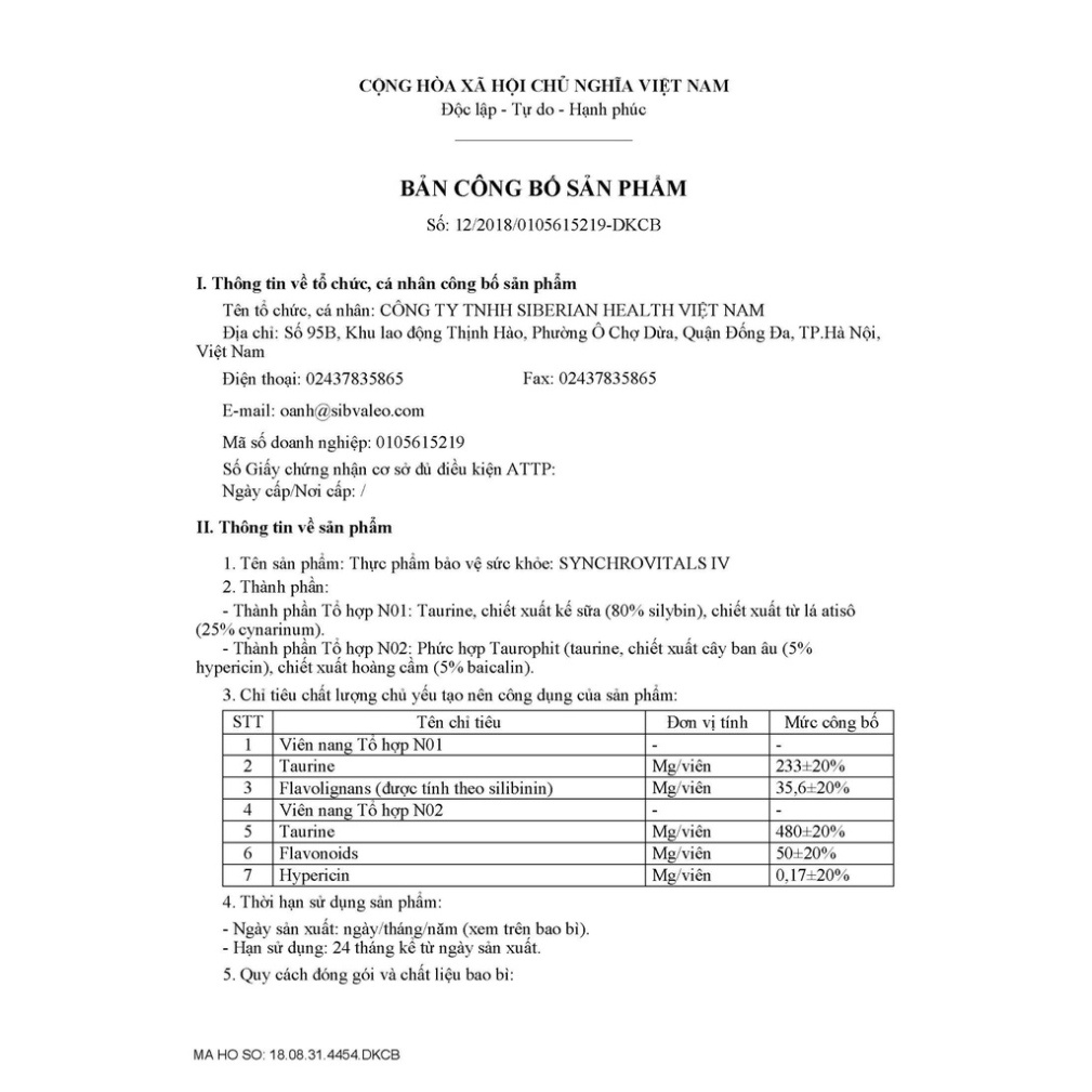 Syn 4 - Thực phẩm bảo vệ sức khỏe Synchrovitals IV siberian – 60 viên – Date T2/2023
