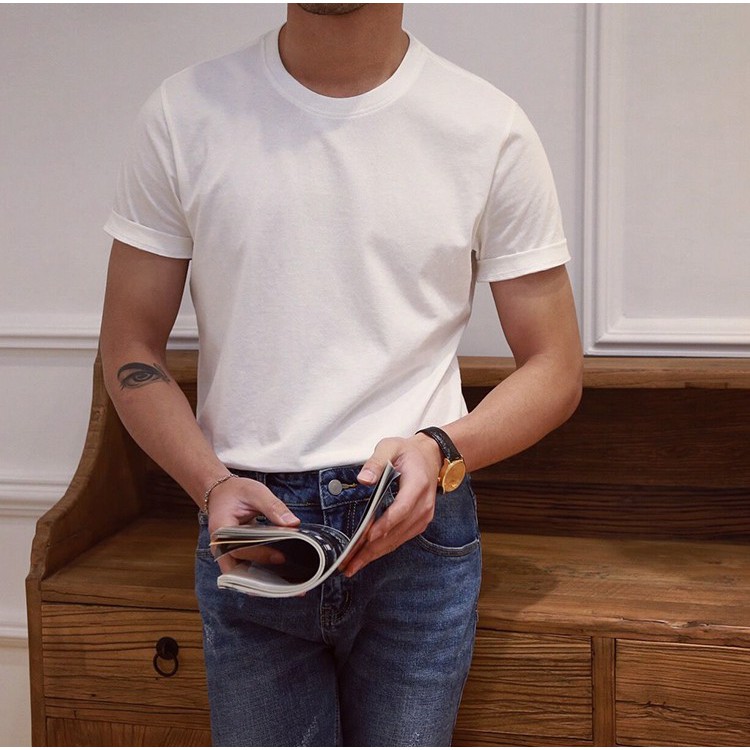 Áo Nam Ngắn Tay Trắng Trơn Chất Cotton Mát Lạnh Dáng Vừa Phong Cách Trẻ Trung Thời Trang Áo Thun Nam