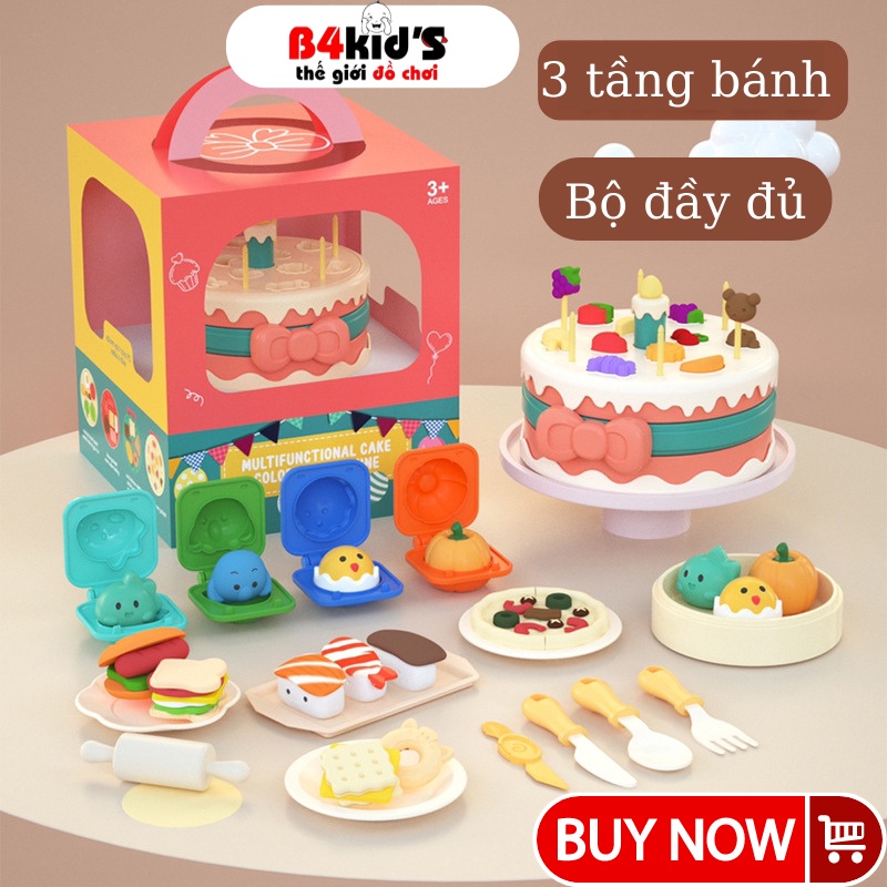 Đồ chơi bánh kem gato sinh nhật đất nặn 3 tầng có hộp xách đầy đủ phụ kiện cho bé B4kids - L3