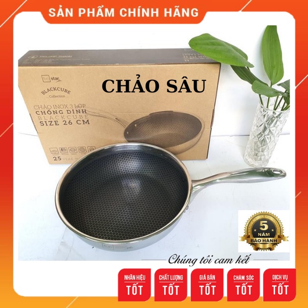 Chảo Chống Dính Sâu Lòng-Fivestar-Blackcube-26cm-Inox 304-dạng tổ ong-3 Lớp-Đáy Liền-siêu bền đẹp-chính hãng-BH 5 nam