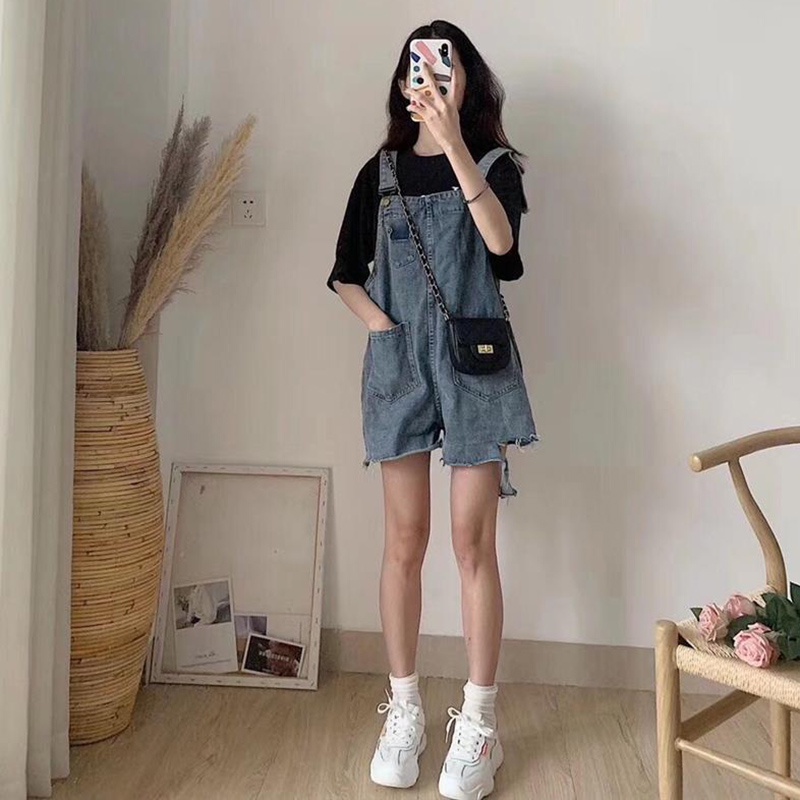 Quần yếm jean IELGY dáng ngắn ống rộng phong cách Hàn Quốc cổ điển dành cho nữ