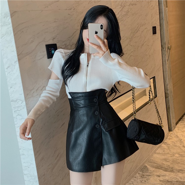 Cchân váy ngắn da PU/ áo dệt kim khóa kéo thời trang | BigBuy360 - bigbuy360.vn