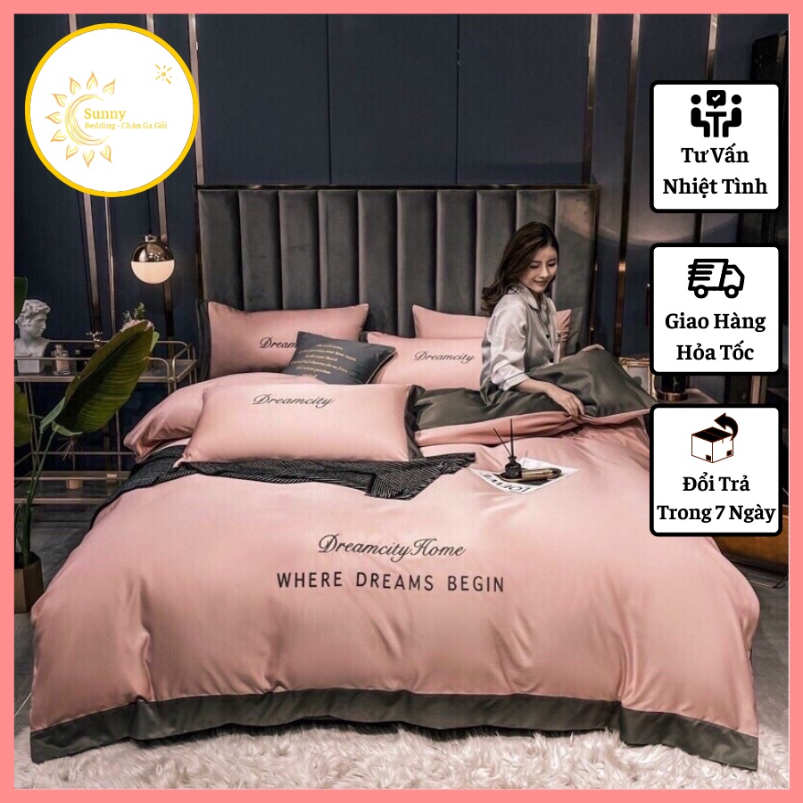 Bộ Chăn Ga Phi Lụa Thêu DreamCity Cao Cấp Tặng Kèm Vỏ gối Ôm
