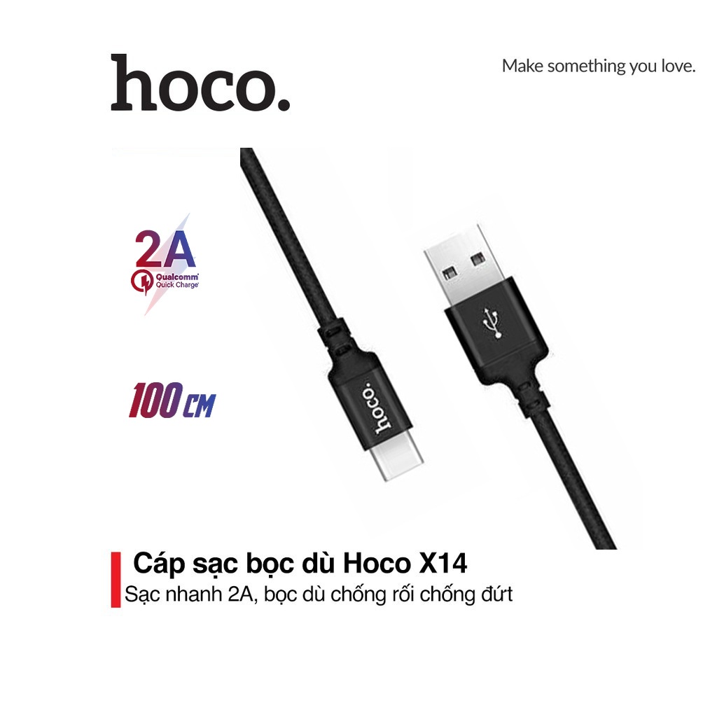 Cáp sạc 2A Hoco X14 Type-C chất liệu vải dù truyền dữ liệu nhanh chóng ổn định dài 1M cho Android