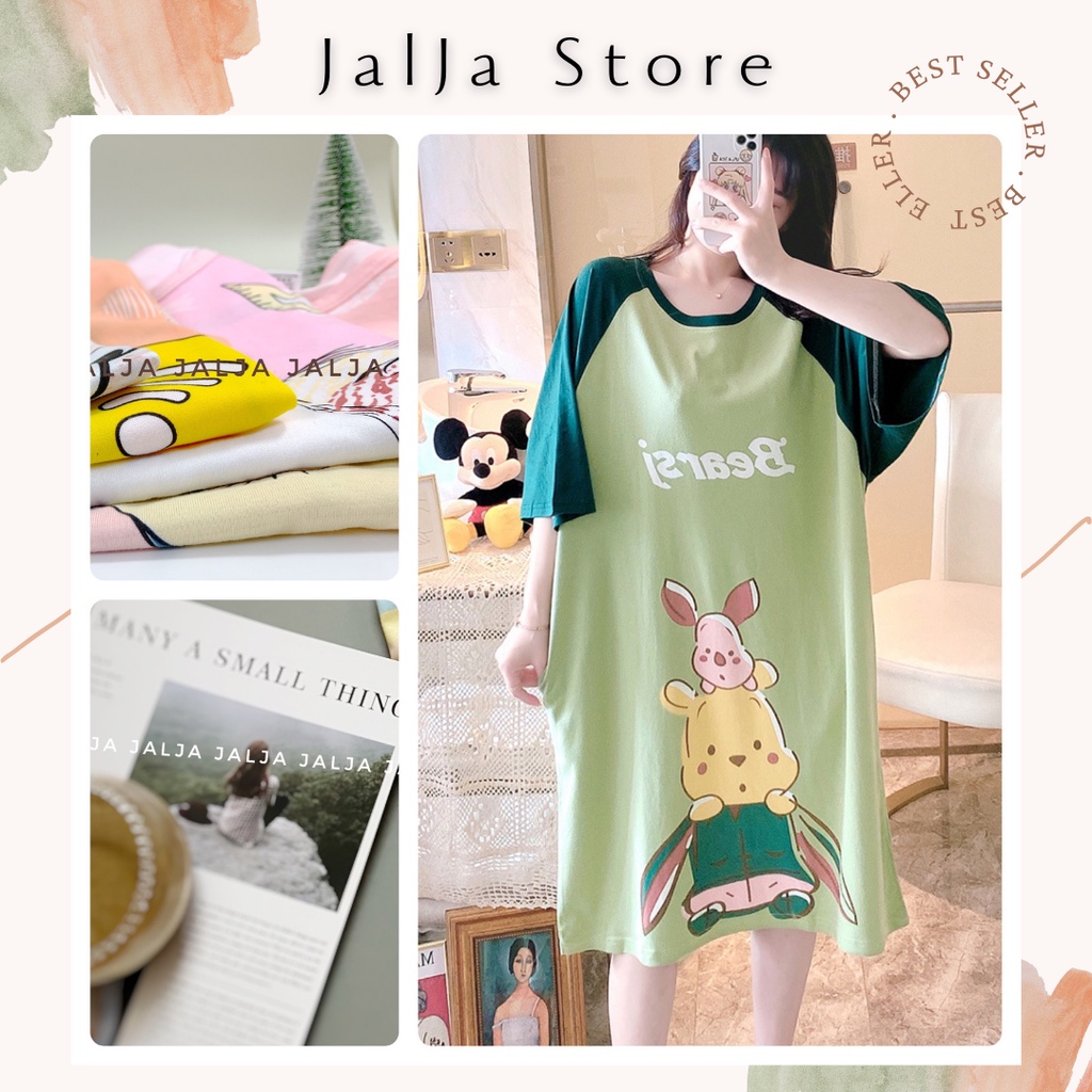Váy ngủ cộc tay cho nữ đầm ngủ mặc nhà dáng suông chất cotton thun lạnh mềm mát họa tiết cute dễ thương JALJA Vay05