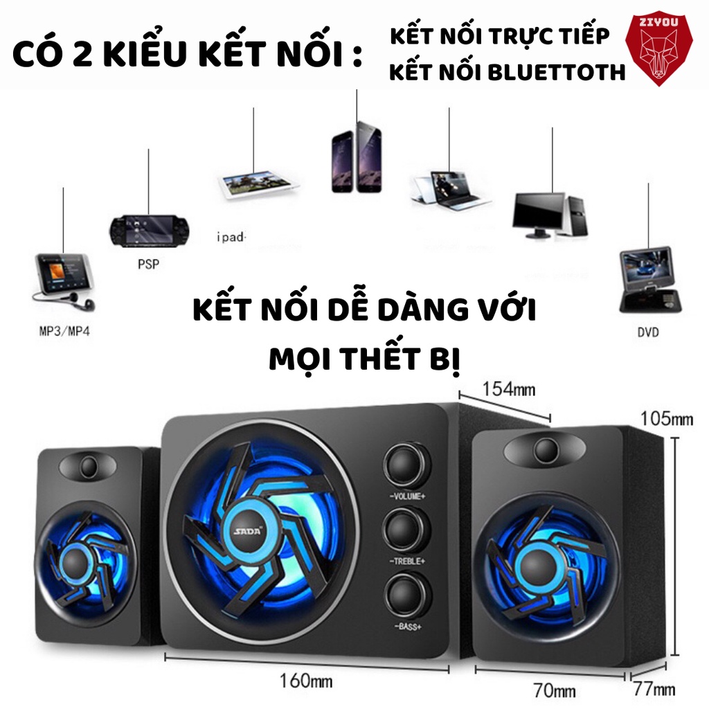 Loa máy tính,vi tính có BLUETOOTH ZIYOU D209 có đèn LED RGB,âm thanh SUPER BASS,nghe nhạc chơi game dành cho PC,Laptop