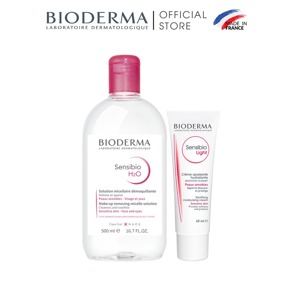 Bộ đôi nước tẩy trang làm sạch micellar cho da nhạy cảm Bioderma Sensibio H2O 500ml và kem dưỡng Sensibio Light 40ml